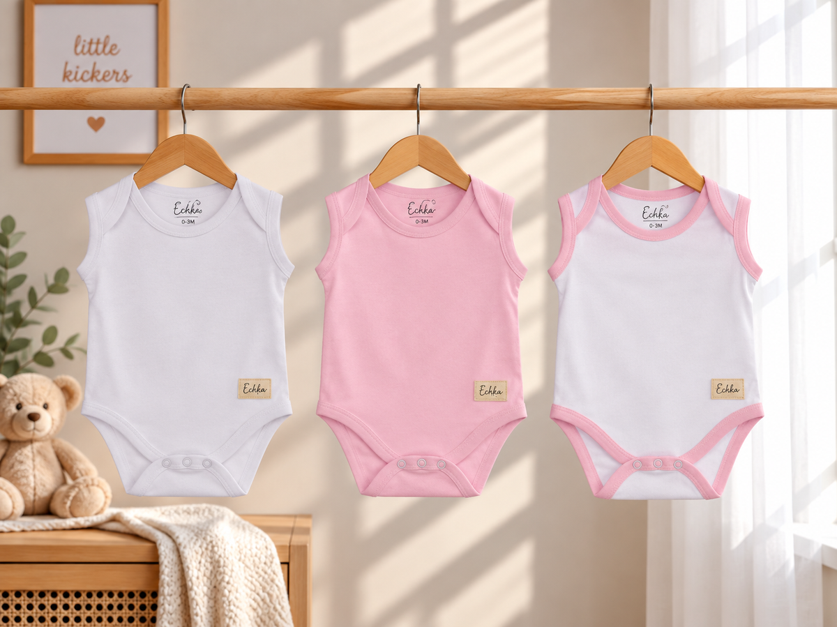 Baby Girls' 3-Piece Sleeveless Envelope-Neck Bodysuit Set – Pink